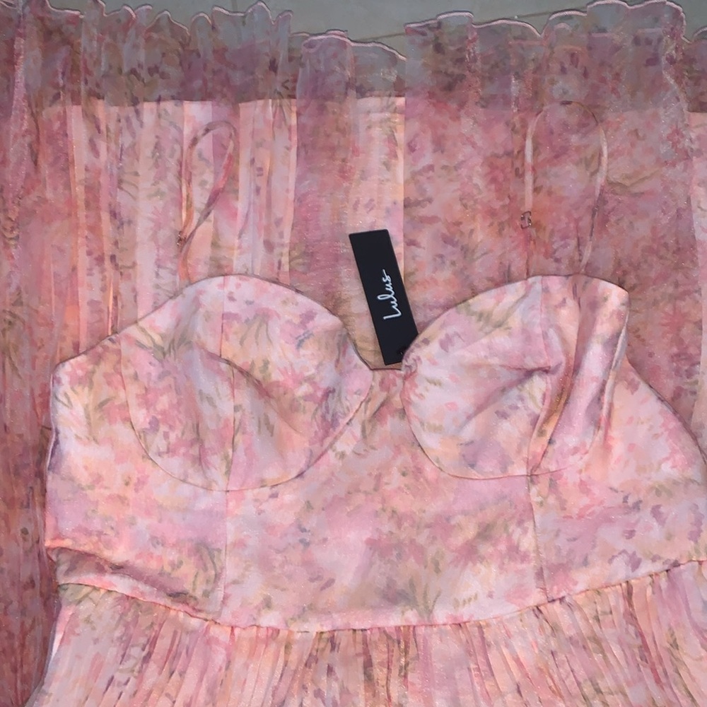 NWT Finest Endeavor Blush Pink Floral Dress Pleated Bustier Midi Dress - Picture 4 of 5